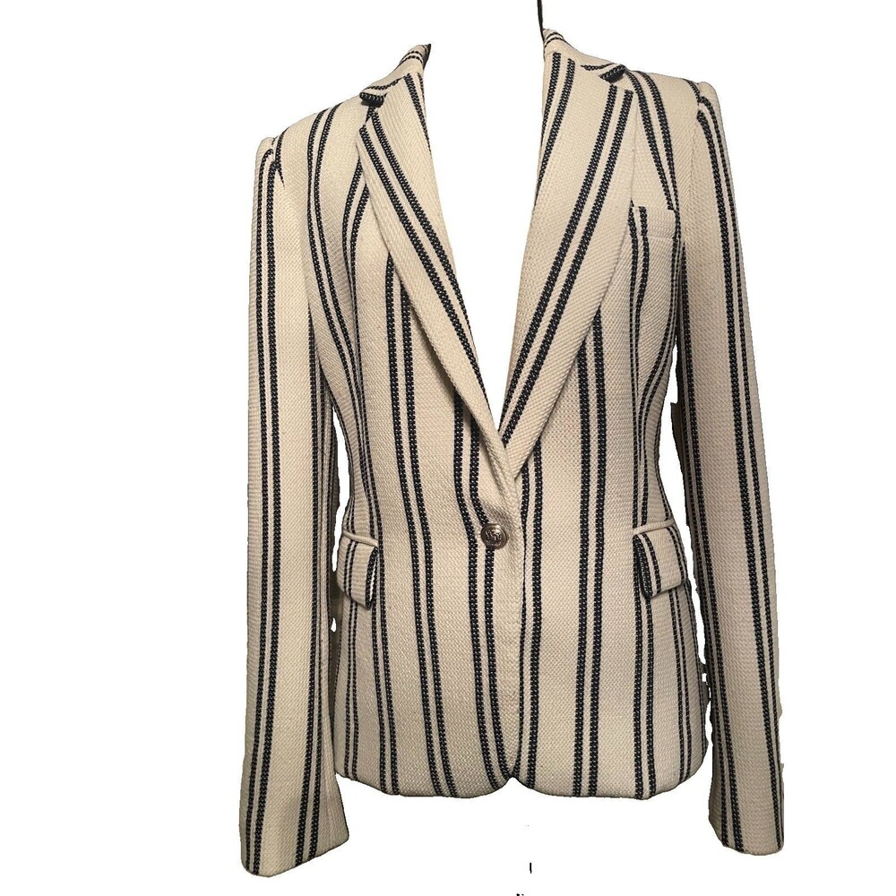 ZARA WOMAN Navy White Striped Textured Blazer M Office Corporate Preppy Coastal